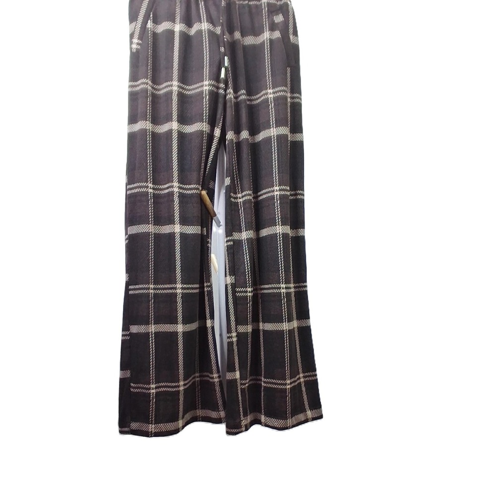 Single Thread Womens Wide Leg Plaid Pants Elastic Drawstring Windowpane Brown M
